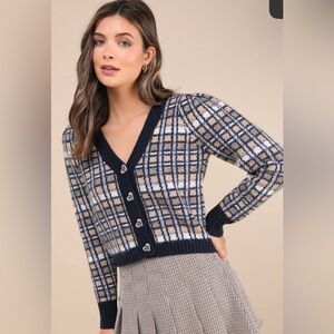 Lulu's Delightful Confidence Navy and Tan Plaid Heart Button Cardigan Xl